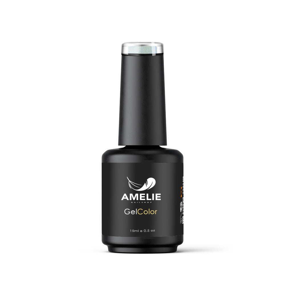 Vorderansicht der Amelie Nails PearlShell UV-Nagellack-Flasche im schwarzen Studiodesign, 15 ml